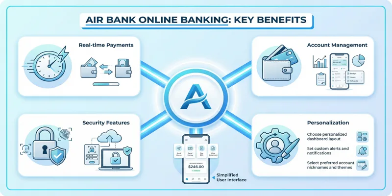 Infografika klíčových výhod internetového bankovnictví Air Bank, včetně plateb v reálném čase a personalizace.