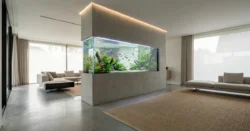 Elegantní fotografie vestavěného akvária jako designového prvku v moderním interiéru.