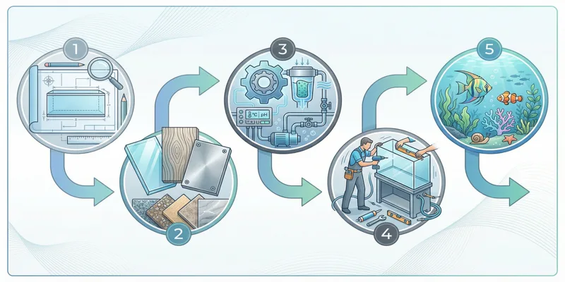 Infografika popisující proces návrhu a výroby akvária na míru, od konceptu po instalaci.