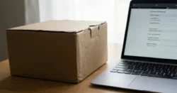 Detail poškozené krabice produktu vedle notebooku s otevřenou stránkou zákaznické podpory.
