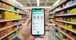 Detail ruky držící chytrý telefon s otevřenou aplikací pro nákupy v supermarketu.