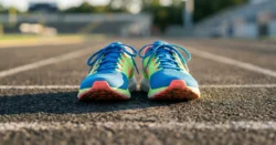 Detailní záběr barevných běžeckých bot na asfaltové dráze z nízkého úhlu.
