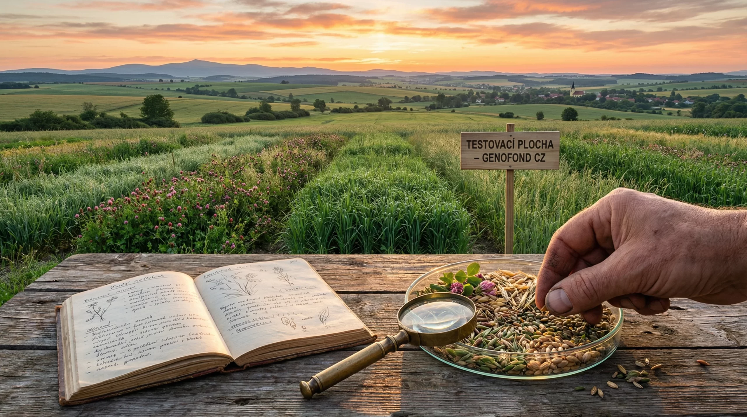 Česká krajina s ovocnými stromy a tradicemi