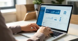 Pohled přes rameno na ruce používající notebook s rozhraním internetového bankovnictví.