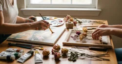 Detail rukou pracujících na DIY uměleckém projektu s výtvarnými potřebami na stole.