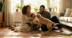 Hřejivá fotografie rodiny s dítětem, která si hraje s domácím mazlíčkem v obývacím pokoji.
