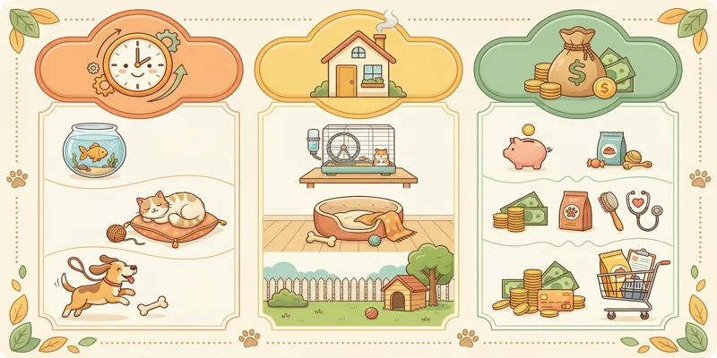 Infografika pomáhající vybrat domácího mazlíčka na základě časové náročnosti, prostoru a rozpočtu.