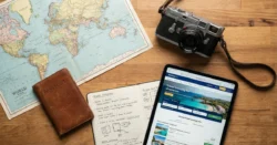 Pohled shora na cestovní potřeby na dřevěném stole, včetně mapy, pasu a tabletu s cestovními plány.