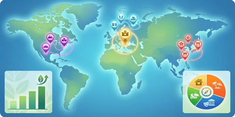 Infografika mapy světa s nejžhavějšími cestovními destinacemi pro rok 2025 a grafy trendů v cestování.