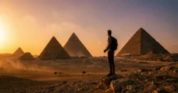 Majestátní pyramidy v Gíze za zlaté hodiny s cestovatelem v popředí, symbolizující dovolenou v Egyptě.