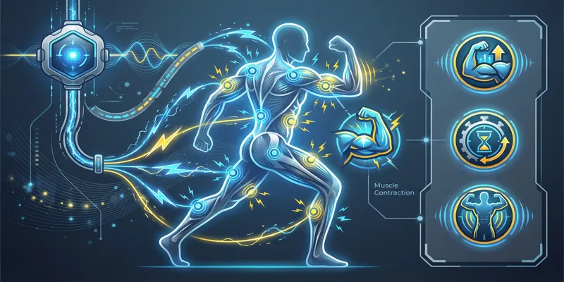 Infografika vysvětlující princip EMS cvičení s elektrickými impulsy a jeho přínosy pro svaly.