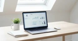 Minimalistický stůl s notebookem zobrazujícím zjednodušené internetové bankovnictví.