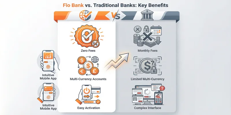 Infografika srovnávající Fio banku s tradičními bankami, zdůrazňující bezplatné služby a multi-měnové účty.