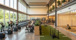 Příjemný interiér prostorného moderního fitness klubu s různými zónami a vybavením.