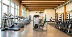 Moderní fitness centrum s cvičícími lidmi a vybavením.