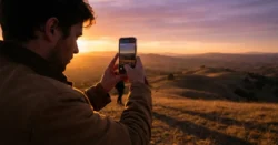 Poutavá fotografie osoby fotící západ slunce s chytrým telefonem, s odrazem scény na displeji.