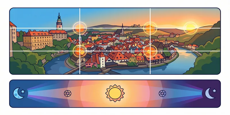 Infografika s tipy pro mobilní fotografii, ukazující pravidlo třetin a efekty zlaté a modré hodiny.