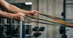 Detail rukou držících napnutou cvičební gumu během tréninku.