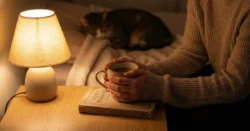 Klidná fotografie rukou držících knihu nebo čaj na nočním stolku, v měkkém světle.