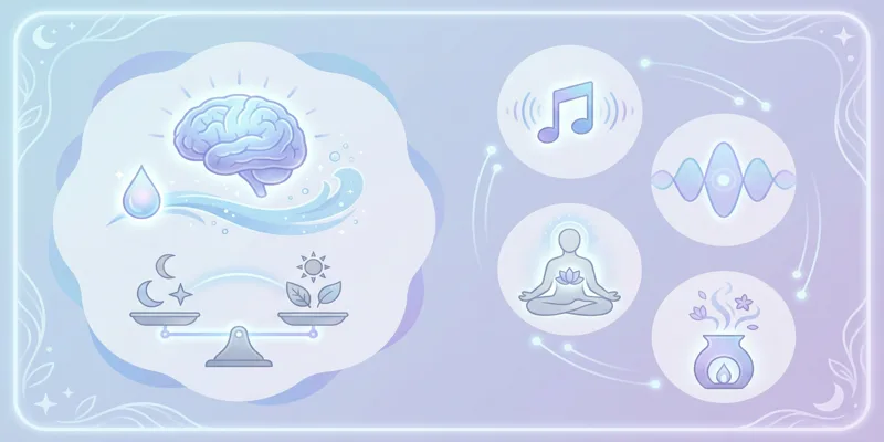Infografika o přínosech hlubokého spánku a uklidňujících technikách, jako je relaxační hudba a binaurální beaty.