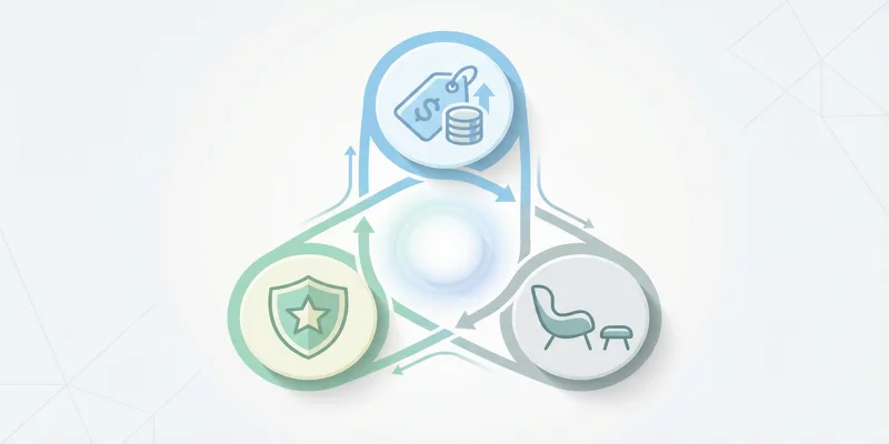 Infografika znázorňující hodnotovou nabídku Idea Nábytek: dostupná cena, kvalita a moderní design.