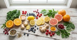 Pohled shora na pestrou kolekci přírodních ingrediencí pro posílení imunity.