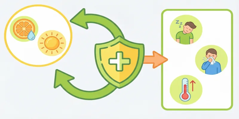 Infografika o posílení imunity, klíčových vitaminech (C, D3) a varovných příznacích oslabené obranyschopnosti.