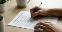 Detailní záběr na ruce vyplňující formulář žádosti o příspěvek na bydlení na čistém stole.