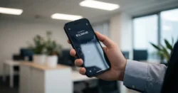 Detail ruky držící smartphone s otevřenou finanční aplikací v moderním prostředí.