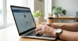 Ruce píšící na klávesnici notebooku s otevřeným internetovým bankovnictvím na obrazovce.