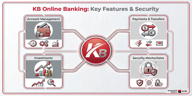 Infografika klíčových funkcí a bezpečnostních mechanismů internetového bankovnictví KB, včetně plateb a investic.