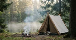 Moderní stan postavený u klidného jezera nebo v lese v České republice s doutnajícím ohněm, symbolizující kempování.