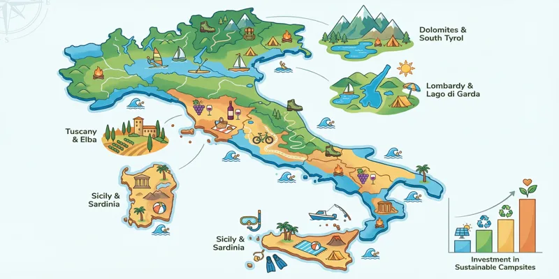 Infografika mapy Itálie s vyznačenými nejoblíbenějšími regiony pro kempování, od Alp po Sicílii.