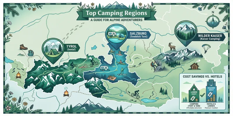 Infografika mapy Rakouska s vyznačenými nejlepšími kempy v Alpách a u jezer, včetně Tyrolska a Salcburska.