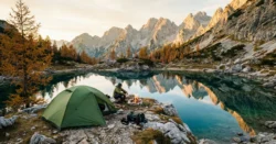 Kempování u horského jezera ve Slovinsku za zlaté hodiny, s moderním stanem a alpskými štíty v pozadí.