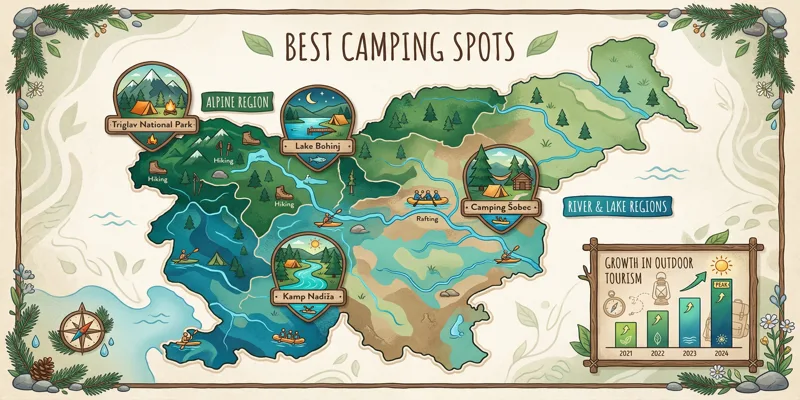 Infografika mapy Slovinska s vyznačenými nejlepšími kempy v Triglavském národním parku a u Bohinjského jezera.