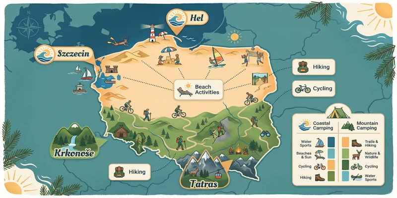 Infografika mapy Polska s vyznačenými nejlepšími regiony pro kempování u Baltského moře a v horách.