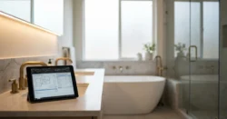 Moderní, nově zrekonstruovaná koupelna s elegantním vybavením a tabletem s cenovými odhady na desce.
