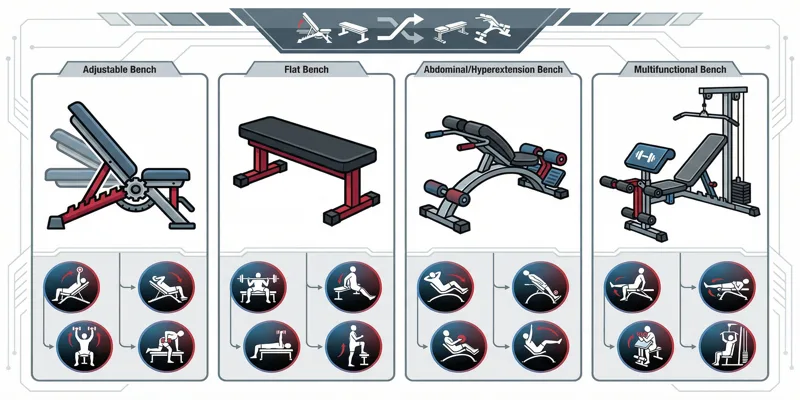 Infografika srovnávající různé typy cvičebních lavic (polohovací, rovné, na břicho) a jejich využití.