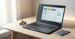 Otevřený cenově dostupný notebook na stole vedle mincí a kalkulačky.