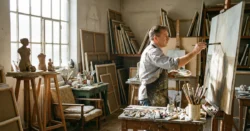 Autentická fotografie místního umělce při práci v jeho ateliéru, obklopeného uměleckými díly a potřebami.