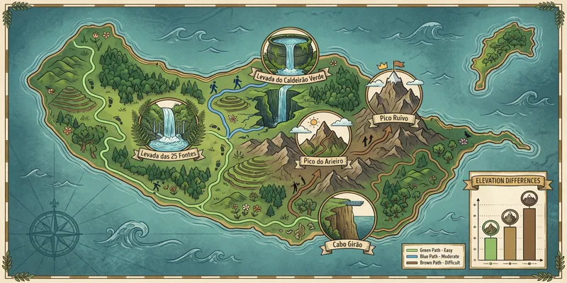Infografika mapy Madeiry s vyznačenými nejkrásnějšími levádami a vyhlídkami, jako jsou 25 Fontes a Pico do Arieiro.