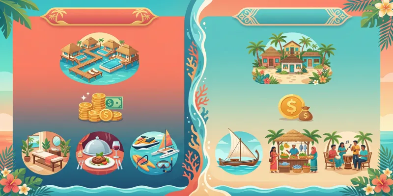 Infografika porovnávající resortní a lokální ostrovy na Maledivách s ikonami pro ubytování, cenu a zážitky.