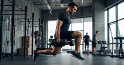 Dynamický snímek sportovce provádějícího výpad s činkami v moderní posilovně.