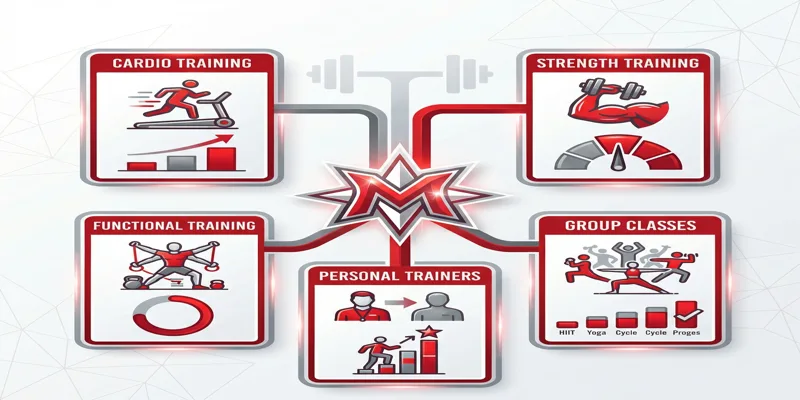 Infografika služeb Max Fitness, včetně kardio, silového a funkčního tréninku, skupinových lekcí a osobních trenérů.