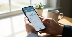 Detail osoby používající tablet s moderní bankovní aplikací pro správu financí.