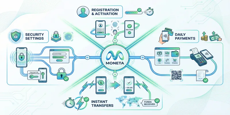 Infografika klíčových funkcí internetového bankovnictví MONETA, včetně registrace, bezpečnosti a okamžitých plateb.