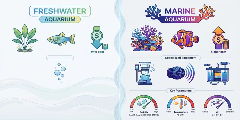Infografika srovnávající sladkovodní a mořské akvárium, jejich nároky a vybavení.