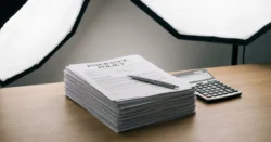 Úhledně naskládané pojistné dokumenty, pero a kalkulačka na moderním kancelářském stole.