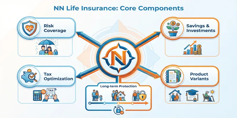 Infografika klíčových komponent životního pojištění NN, včetně rizikového krytí, spoření a daňové optimalizace.